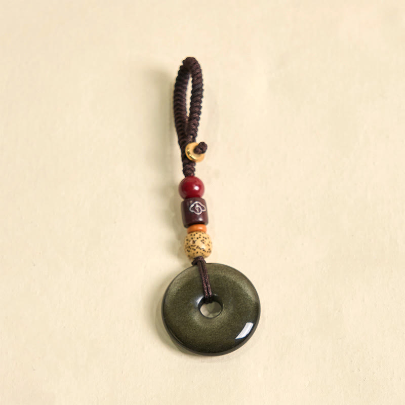 Fortune Jewel Natural Gold Sheen Obsidian Peace Buckle Strengthen Key Chain