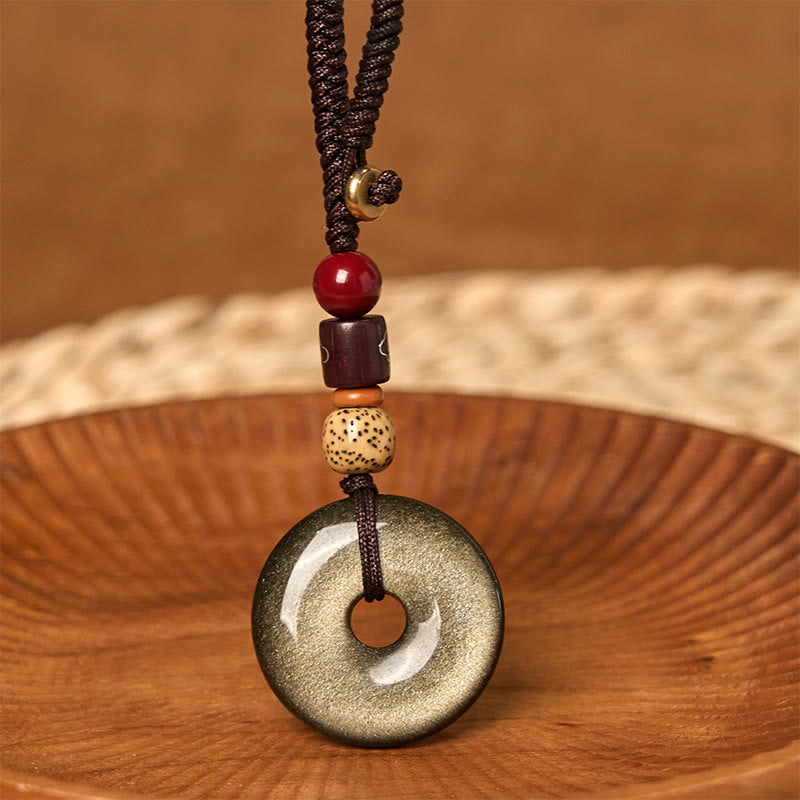 Fortune Jewel Natural Gold Sheen Obsidian Peace Buckle Strengthen Key Chain