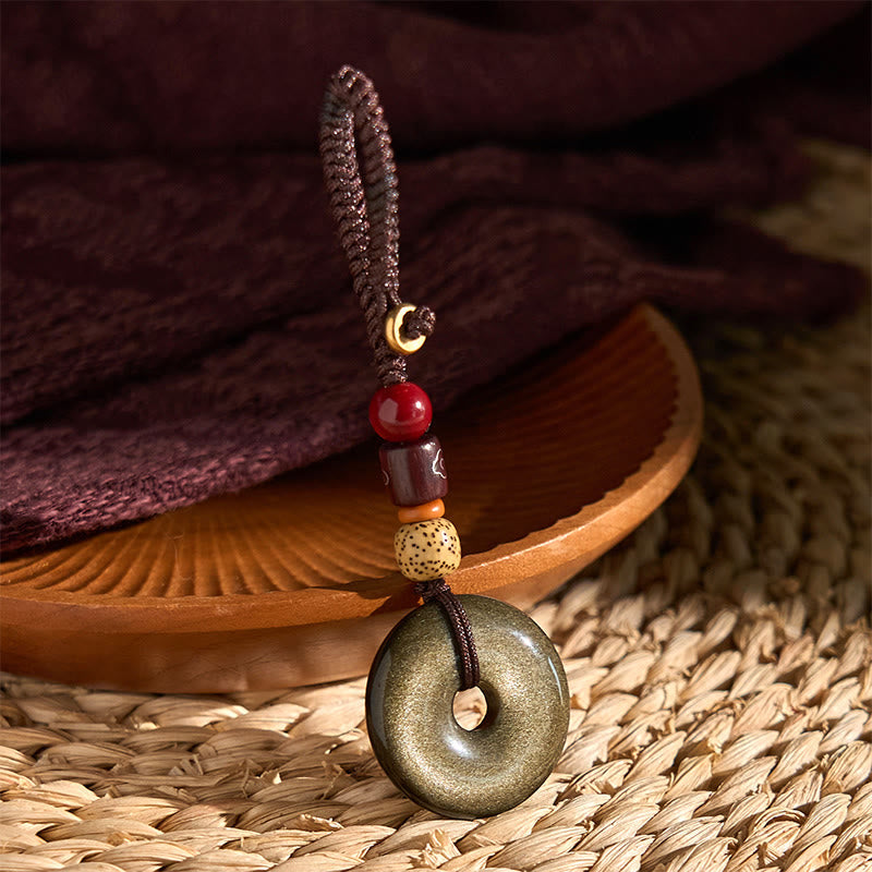 Fortune Jewel Natural Gold Sheen Obsidian Peace Buckle Strengthen Key Chain