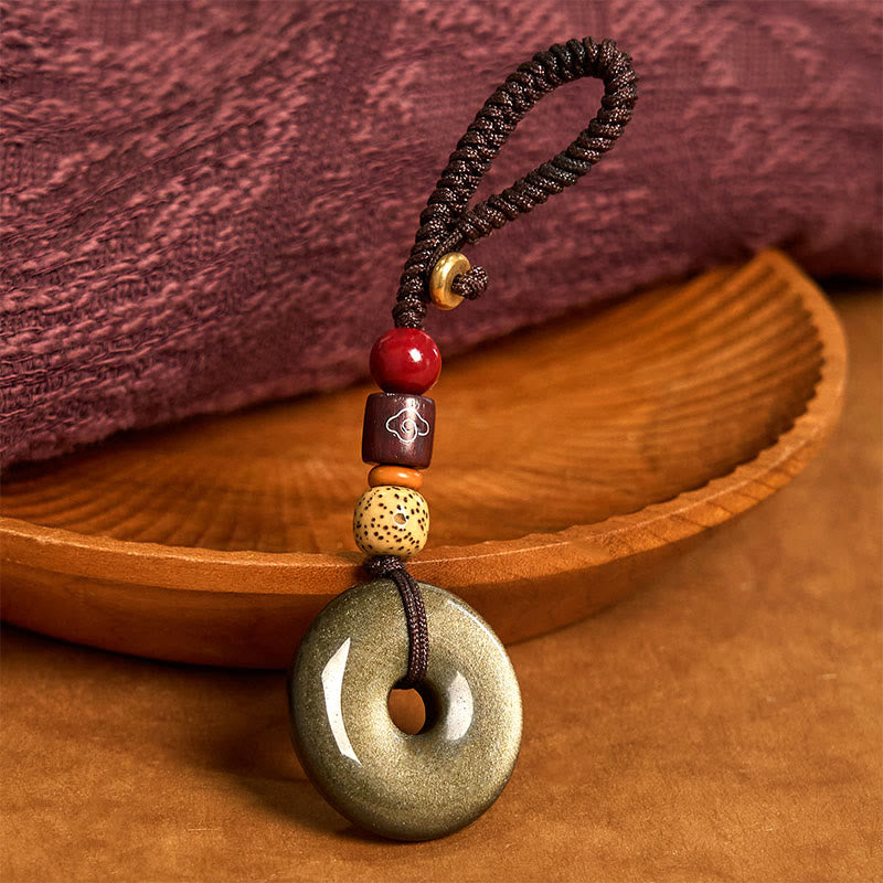 Fortune Jewel Natural Gold Sheen Obsidian Peace Buckle Strengthen Key Chain
