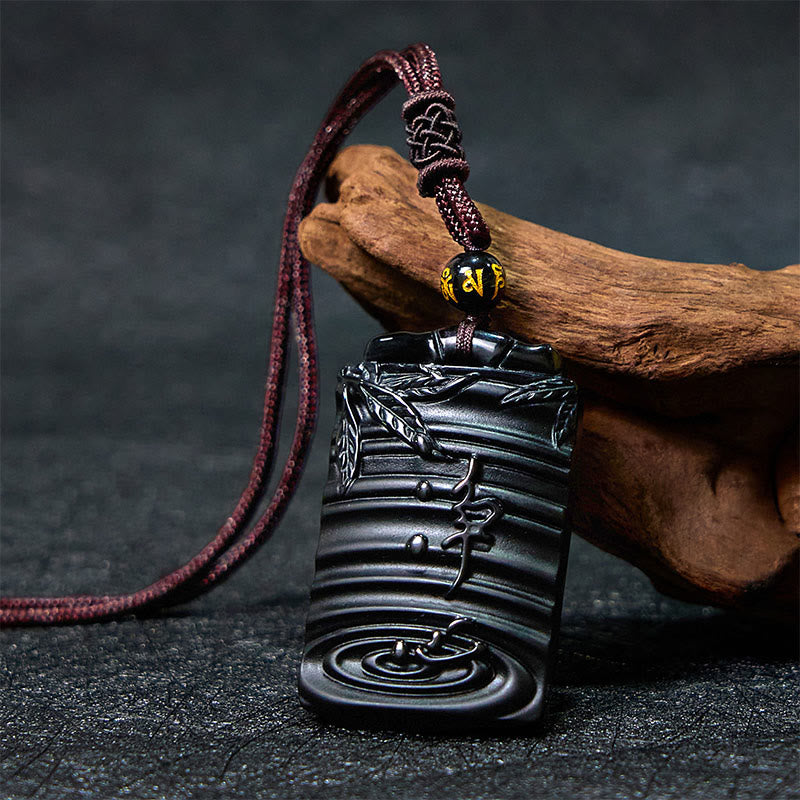 Fortune Jewel Natural Black Obsidian Bamboo Fulfillment Necklace Pendant