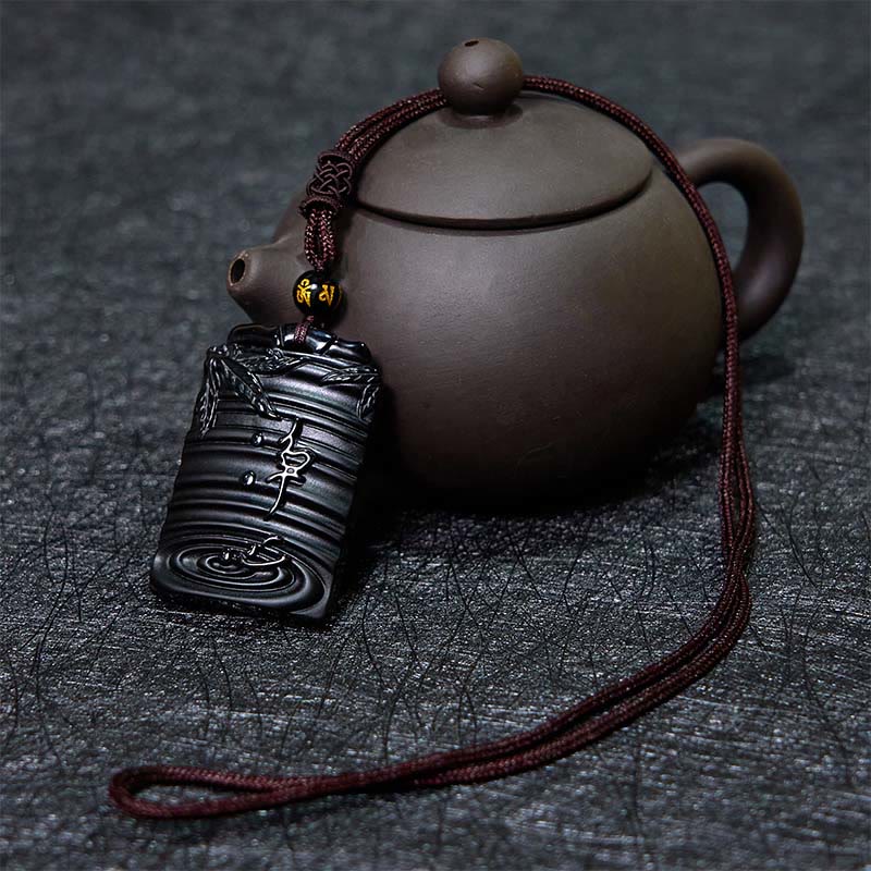 Fortune Jewel Natural Black Obsidian Bamboo Fulfillment Necklace Pendant