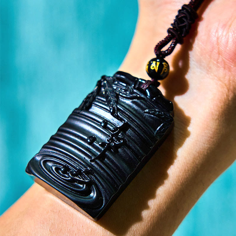Fortune Jewel Natural Black Obsidian Bamboo Fulfillment Necklace Pendant