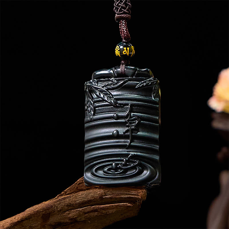Fortune Jewel Natural Black Obsidian Bamboo Fulfillment Necklace Pendant