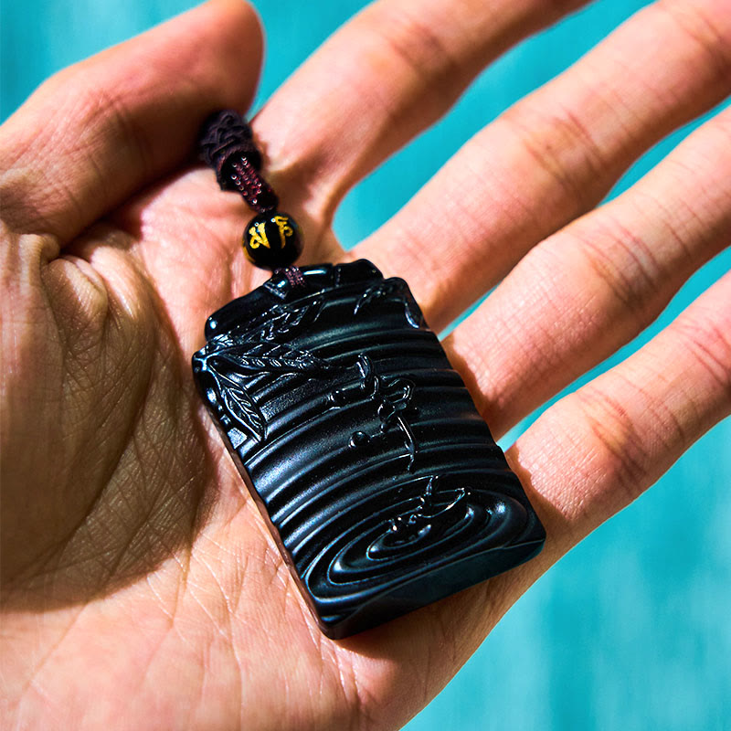 Fortune Jewel Natural Black Obsidian Bamboo Fulfillment Necklace Pendant