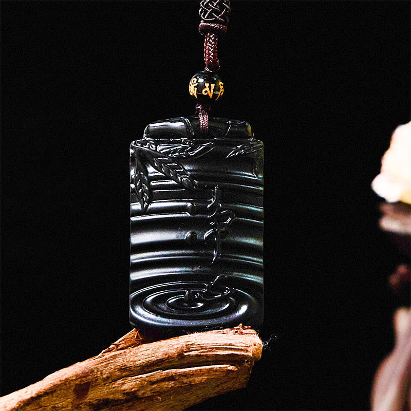 Fortune Jewel Natural Black Obsidian Bamboo Fulfillment Necklace Pendant
