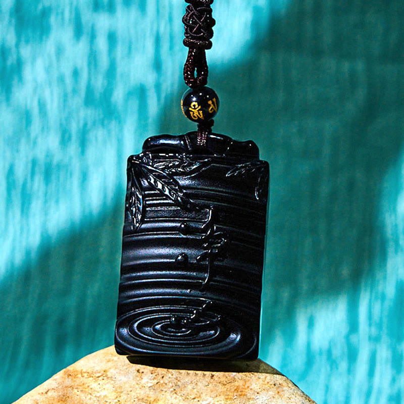 Fortune Jewel Natural Black Obsidian Bamboo Fulfillment Necklace Pendant