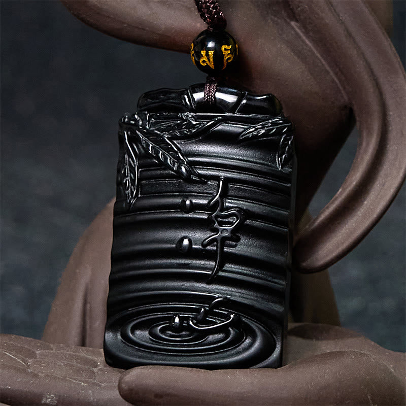 Fortune Jewel Natural Black Obsidian Bamboo Fulfillment Necklace Pendant