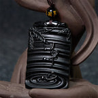 Fortune Jewel Natural Black Obsidian Bamboo Fulfillment Necklace Pendant