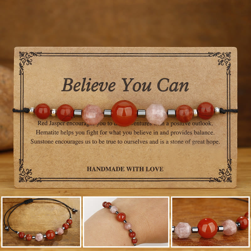Fortune Jewel Believe You Can Carnelian Red Jasper Hematite Sun Stone Positive Bracelet