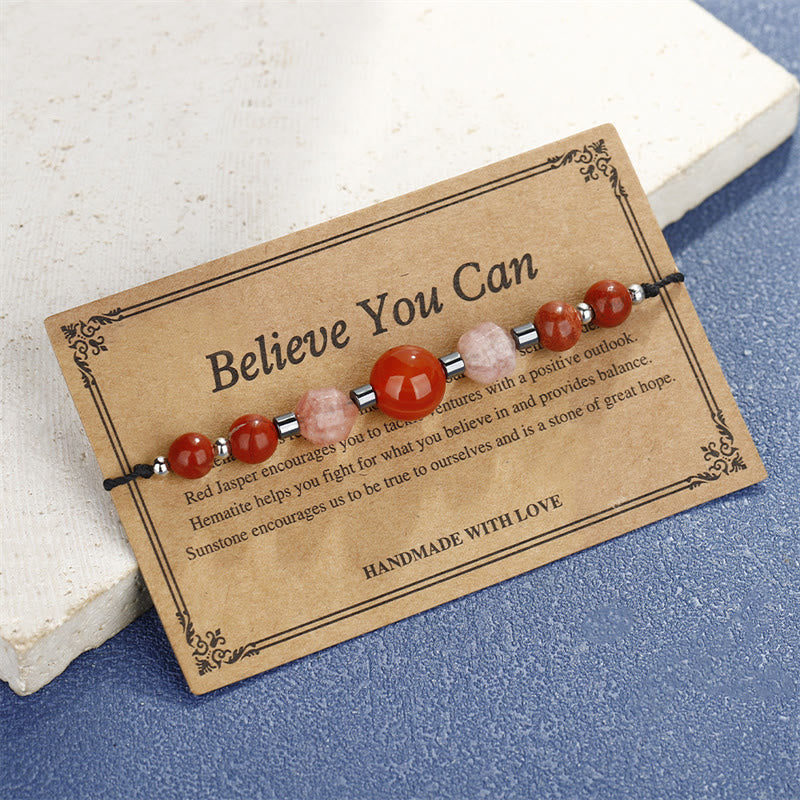 Fortune Jewel Believe You Can Carnelian Red Jasper Hematite Sun Stone Positive Bracelet