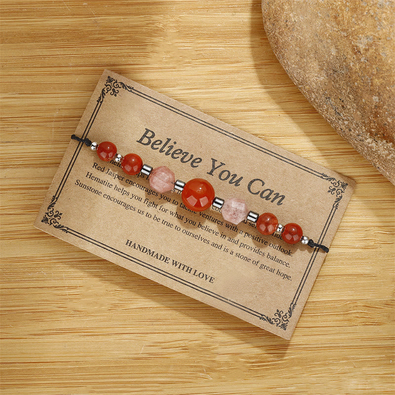 Fortune Jewel Believe You Can Carnelian Red Jasper Hematite Sun Stone Positive Bracelet