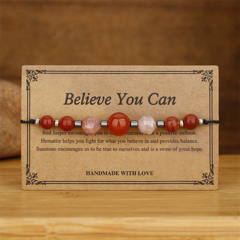 Fortune Jewel Believe You Can Carnelian Red Jasper Hematite Sun Stone Positive Bracelet
