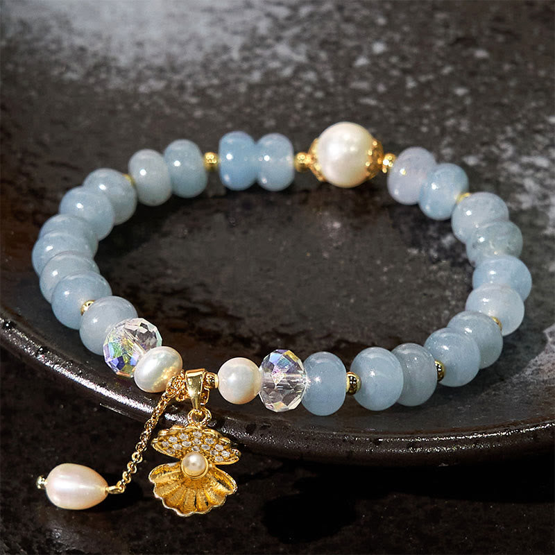 Fortune Jewel Natural Aquamarine Pearl Shell Healing Bead Bracelet