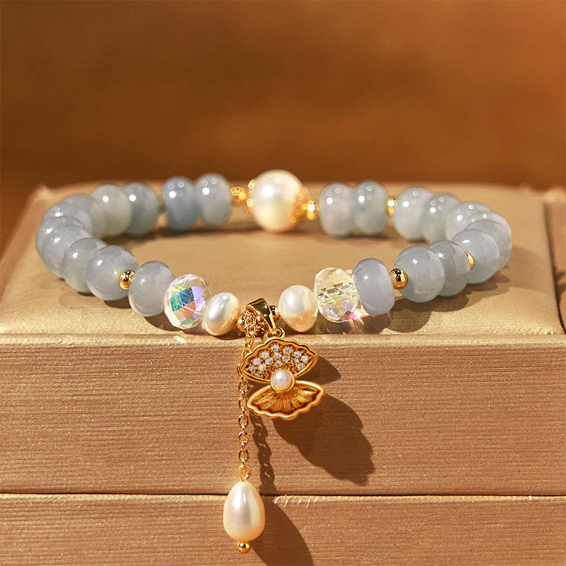 Fortune Jewel Natural Aquamarine Pearl Shell Healing Bead Bracelet
