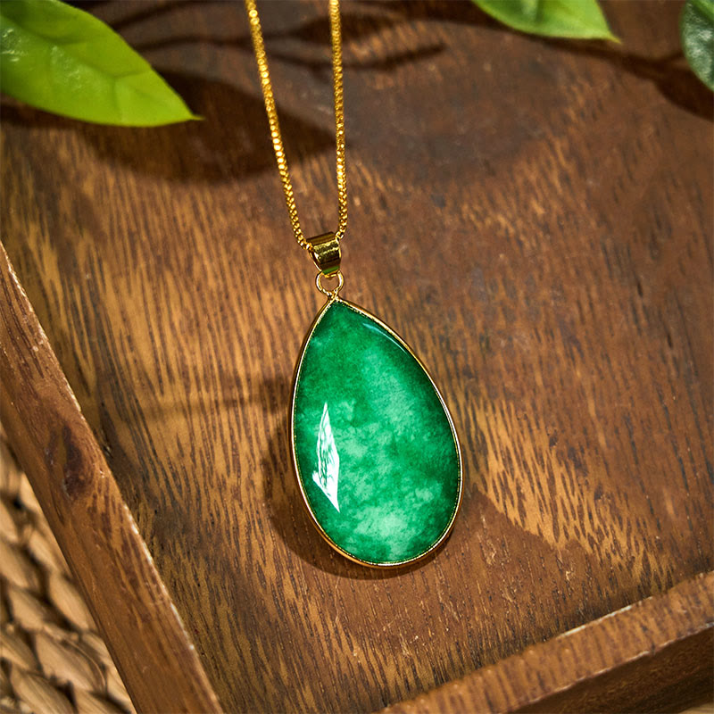 Fortune Jewel Green Jade Water Drop Pattern Abundance Necklace Pendant