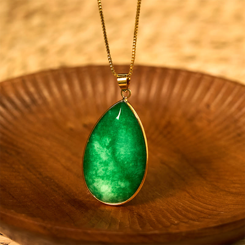 Fortune Jewel Green Jade Water Drop Pattern Abundance Necklace Pendant