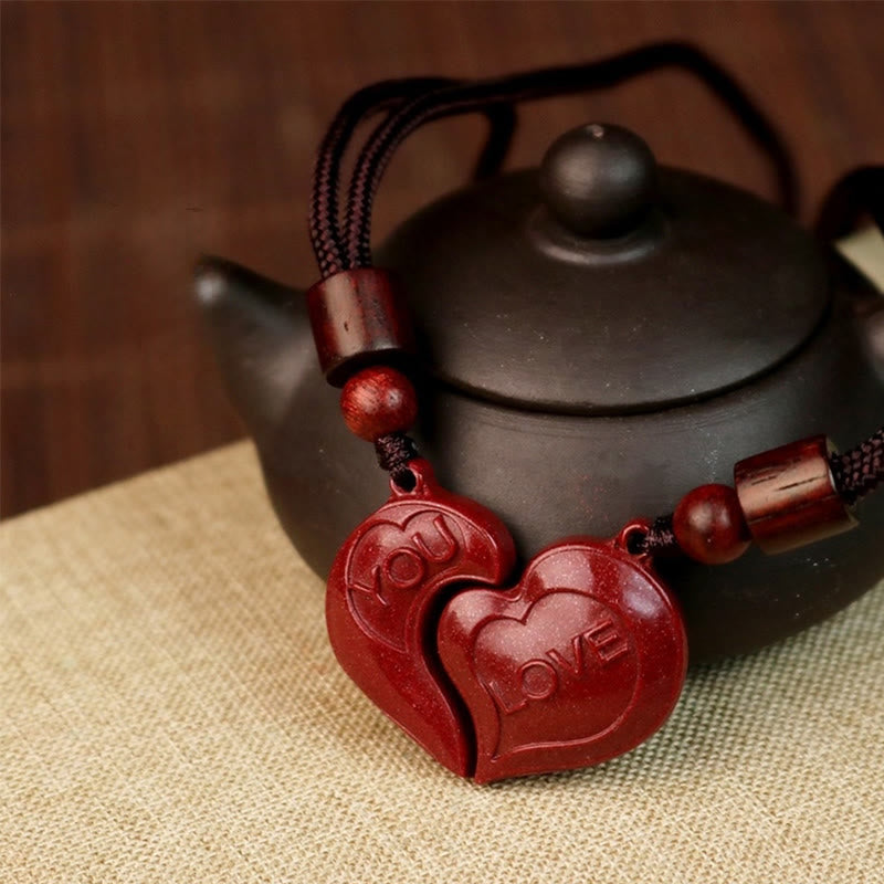 Fortune Jewel 2Pcs LOVE YOU Natural Cinnabar Love Heart String Blessing Couple Necklace Pendant