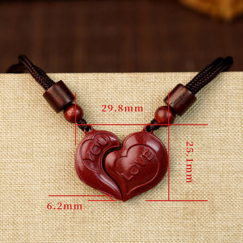 Fortune Jewel 2Pcs LOVE YOU Natural Cinnabar Love Heart String Blessing Couple Necklace Pendant