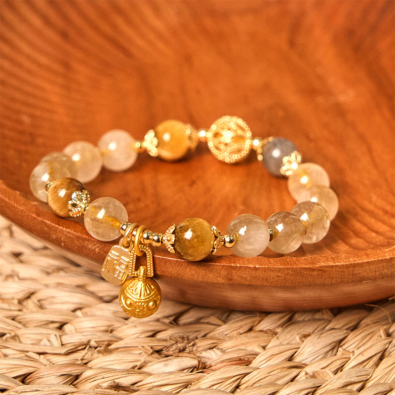 Fortune Jewel Natural Rutilated Quartz Fu Character Metal Swallowing Beast Auspiciousness Bracelet