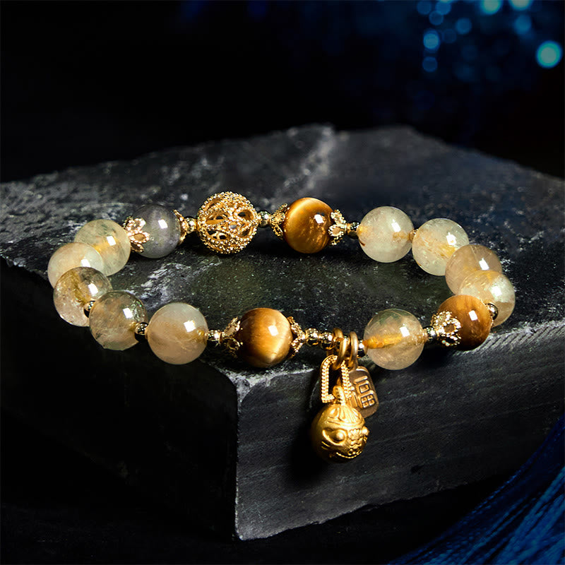Fortune Jewel Natural Rutilated Quartz Fu Character Metal Swallowing Beast Auspiciousness Bracelet