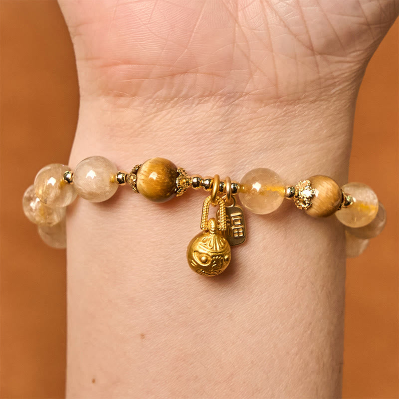 Fortune Jewel Natural Rutilated Quartz Fu Character Metal Swallowing Beast Auspiciousness Bracelet
