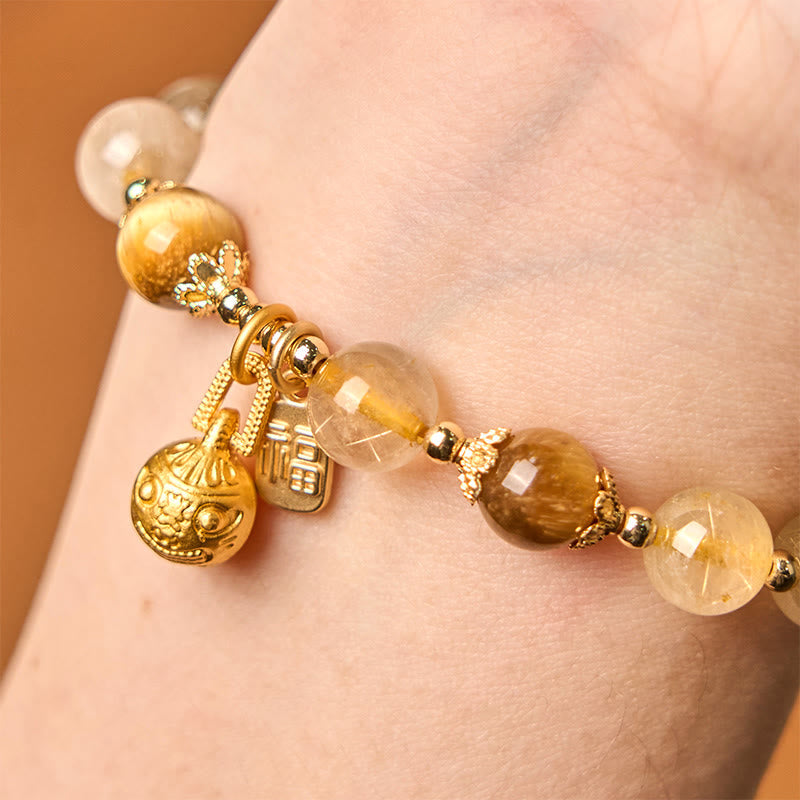 Fortune Jewel Natural Rutilated Quartz Fu Character Metal Swallowing Beast Auspiciousness Bracelet
