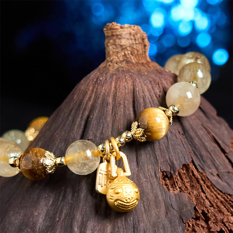 Fortune Jewel Natural Rutilated Quartz Fu Character Metal Swallowing Beast Auspiciousness Bracelet