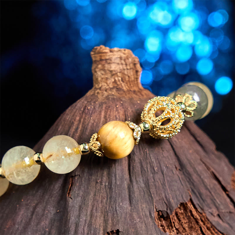 Fortune Jewel Natural Rutilated Quartz Fu Character Metal Swallowing Beast Auspiciousness Bracelet