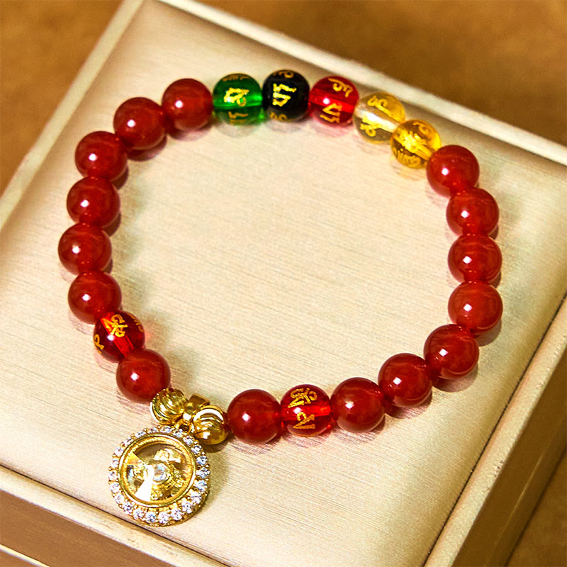 Fortune Jewel Red Agate Om Mani Padme Hum Five Directions Gods of Wealth Zircon Cyclone Charm Self-acceptance Bracelet