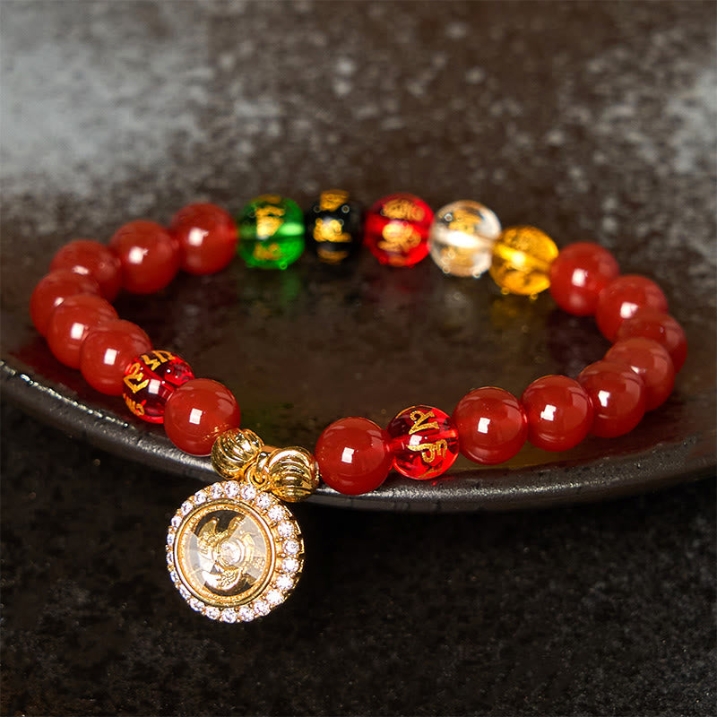Fortune Jewel Red Agate Om Mani Padme Hum Five Directions Gods of Wealth Zircon Cyclone Charm Self-acceptance Bracelet