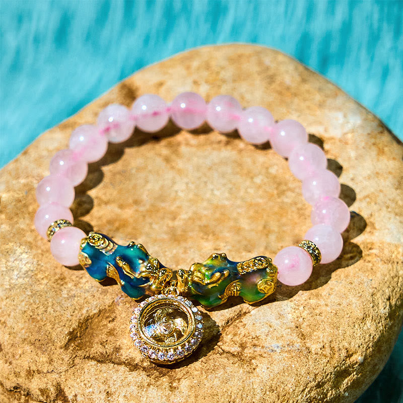 Fortune Jewel Pink Crystal Color Change Double PiXiu Cyclone Charm Warmth Bracelet