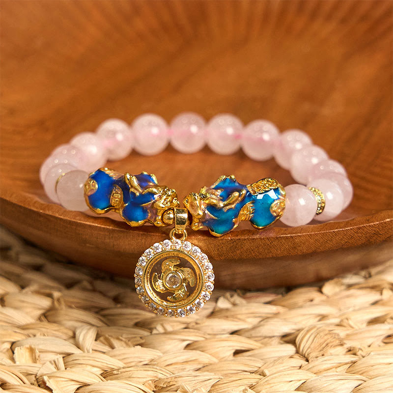 Fortune Jewel Pink Crystal Color Change Double PiXiu Cyclone Charm Warmth Bracelet
