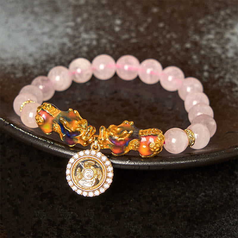 Fortune Jewel Pink Crystal Color Change Double PiXiu Cyclone Charm Warmth Bracelet