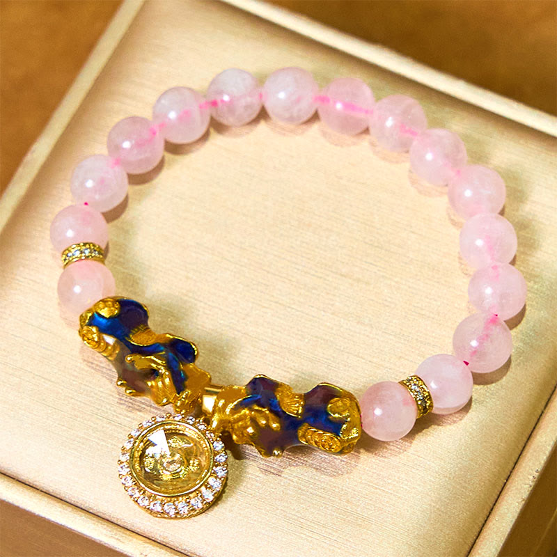 Fortune Jewel Pink Crystal Color Change Double PiXiu Cyclone Charm Warmth Bracelet