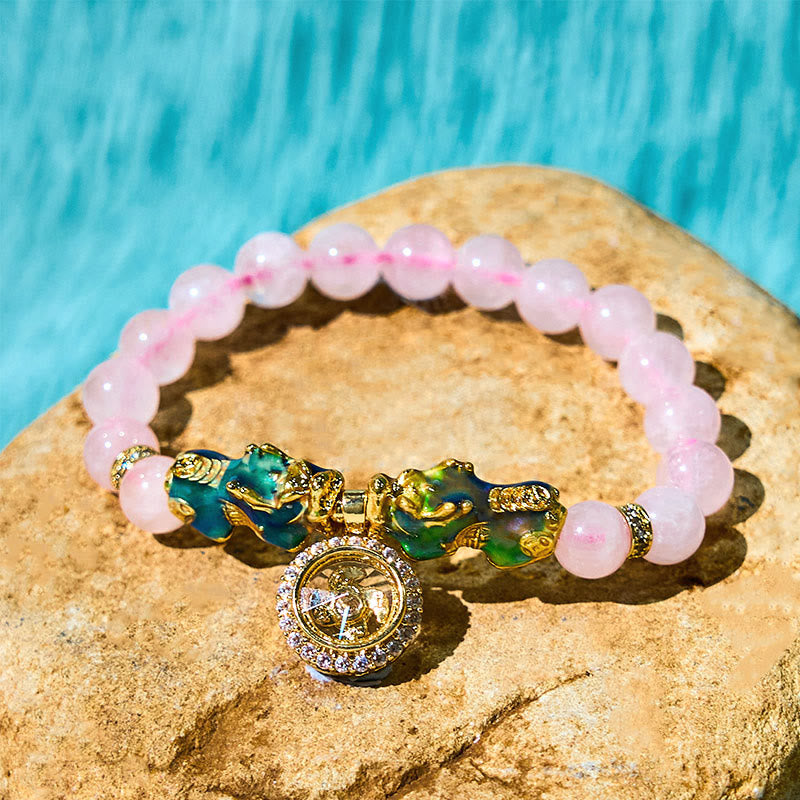 Fortune Jewel Pink Crystal Color Change Double PiXiu Cyclone Charm Warmth Bracelet