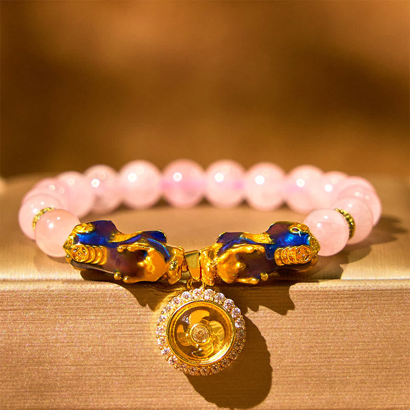 Fortune Jewel Pink Crystal Color Change Double PiXiu Cyclone Charm Warmth Bracelet