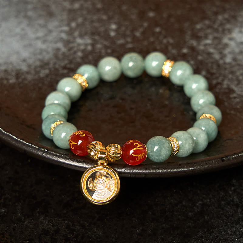 Fortune Jewel Natural Green Jade Om Mani Padme Hum Cyclone Charm Luck Bracelet
