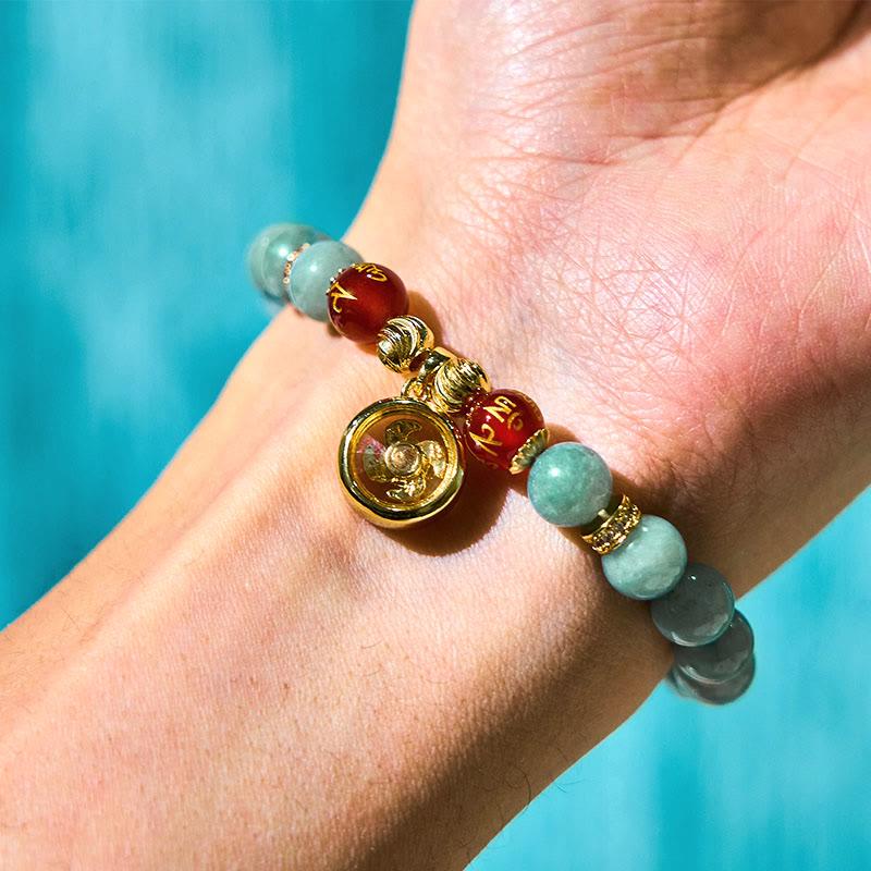 Fortune Jewel Natural Green Jade Om Mani Padme Hum Cyclone Charm Luck Bracelet