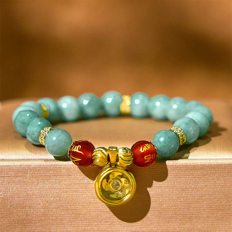 Fortune Jewel Natural Green Jade Om Mani Padme Hum Cyclone Charm Luck Bracelet