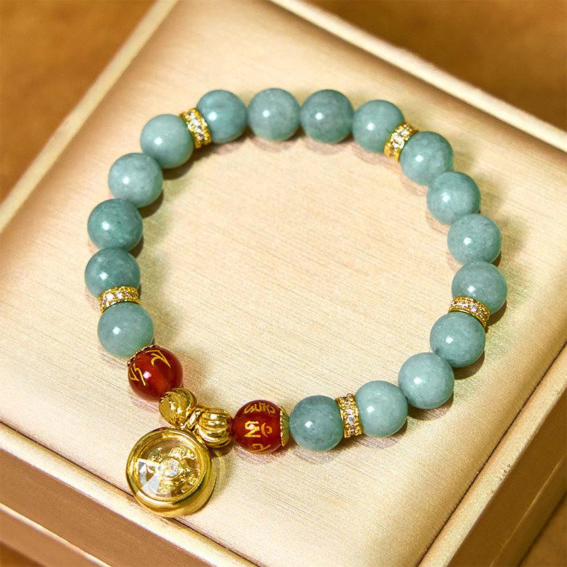 Fortune Jewel Natural Green Jade Om Mani Padme Hum Cyclone Charm Luck Bracelet