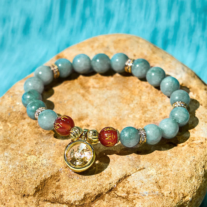 Fortune Jewel Natural Green Jade Om Mani Padme Hum Cyclone Charm Luck Bracelet