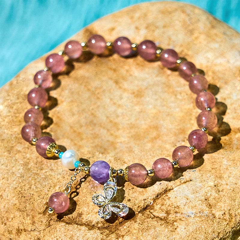 Fortune Jewel Natural Strawberry Quartz Green Strawberry Quartz Butterfly Charm Love Bracelet