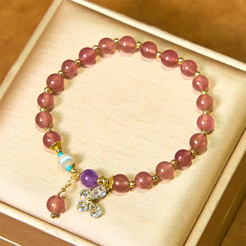 Fortune Jewel Natural Strawberry Quartz Green Strawberry Quartz Butterfly Charm Love Bracelet