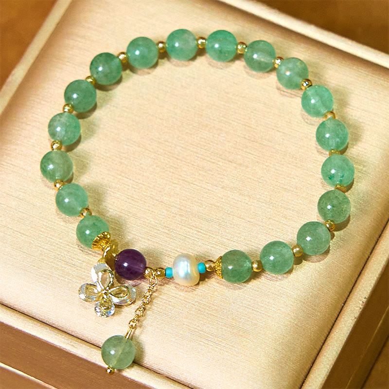 Fortune Jewel Natural Strawberry Quartz Green Strawberry Quartz Butterfly Charm Love Bracelet