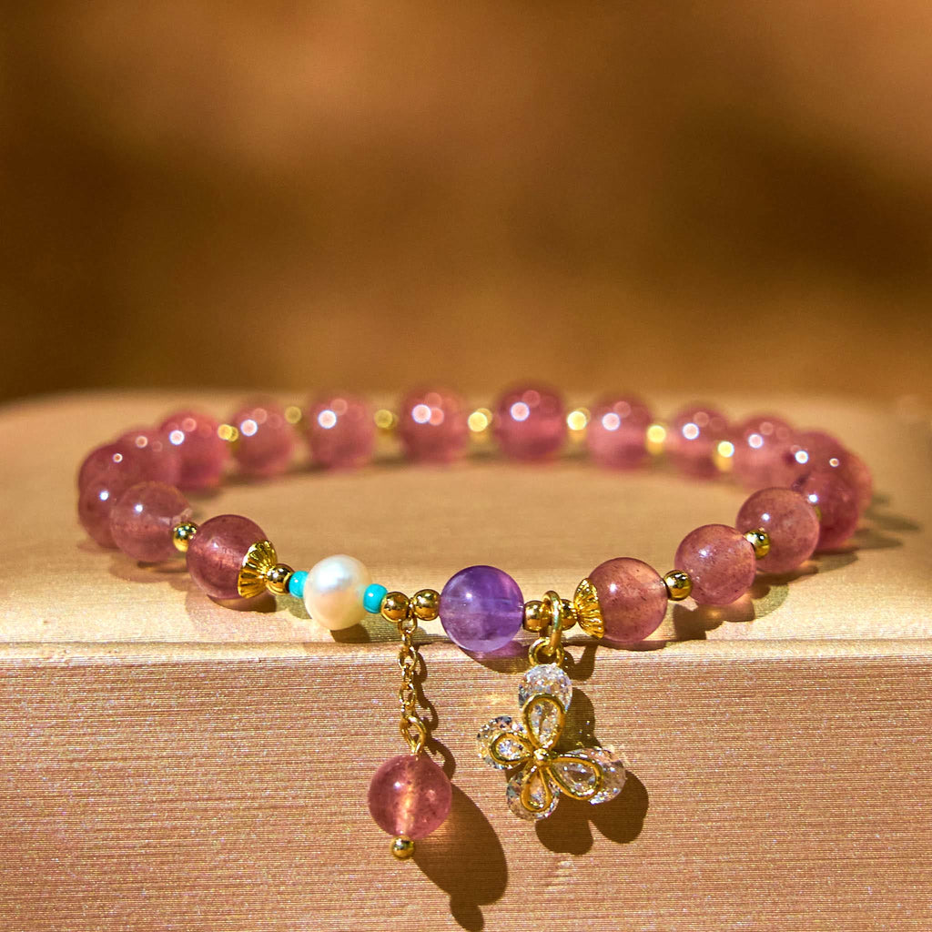 Fortune Jewel Natural Strawberry Quartz Green Strawberry Quartz Butterfly Charm Love Bracelet