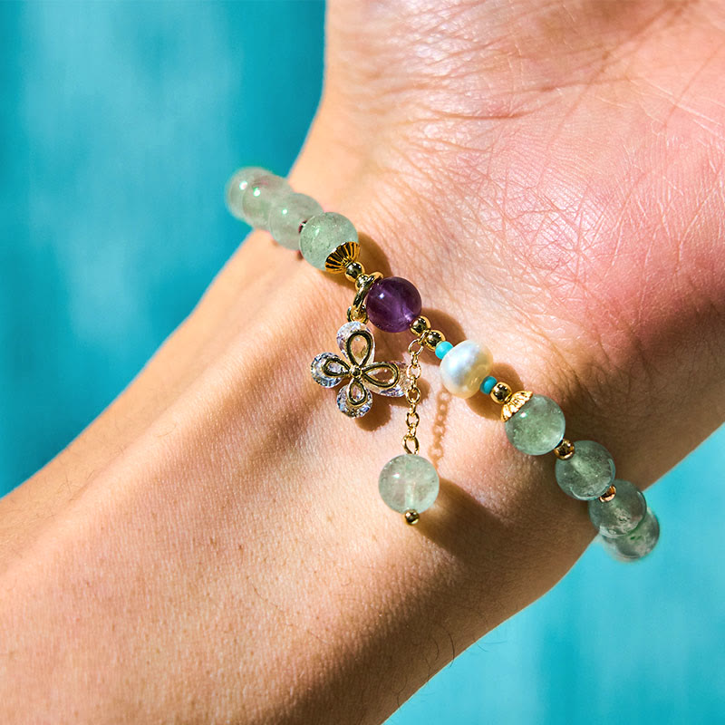 Fortune Jewel Natural Strawberry Quartz Green Strawberry Quartz Butterfly Charm Love Bracelet