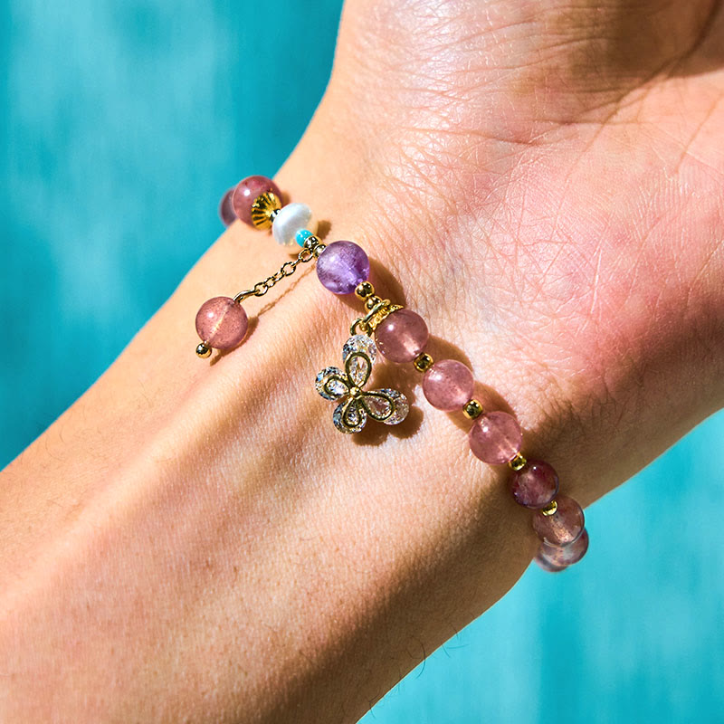 Fortune Jewel Natural Strawberry Quartz Green Strawberry Quartz Butterfly Charm Love Bracelet