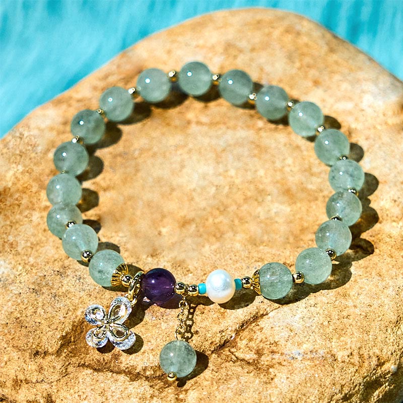 Fortune Jewel Natural Strawberry Quartz Green Strawberry Quartz Butterfly Charm Love Bracelet