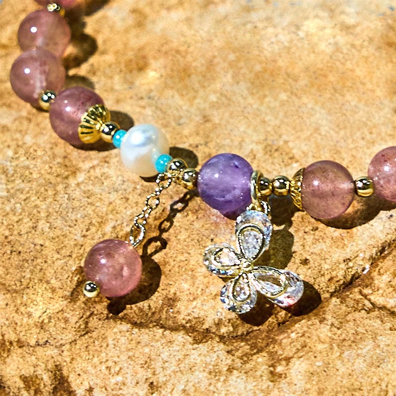 Fortune Jewel Natural Strawberry Quartz Green Strawberry Quartz Butterfly Charm Love Bracelet